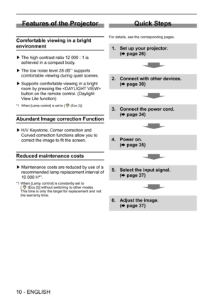 Page 1010 - ENGLISH
Features of the Projector
Comfortable viewing in a bright 
environment
 
▶ The high contrast ratio 12 000 : 1 is 
achieved in a compact body.
 
▶ The low noise level 28 dB
*1 supports 
comfortable viewing during quiet scenes.
 
▶ Supports comfortable viewing in a bright 
room by pressing the  
button on the remote control. (Daylight 
View Lite function) 
*1  When [Lamp control] is set to [  (Eco 2)] 
Abundant Image correction Function
 
▶ H/V Keystone, Corner correction and 
Curved...