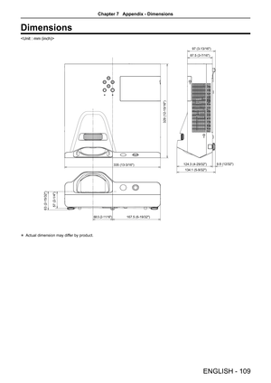 Page 109ENGLISH - 109
Dimensions
 
63 (2-15/32)57 (2-1/4)
68.5 (2-11/16)
335 (13-3/16) 124.3 (4-29/32)
329 (12-15/16)
9.8 (12/32)
97 (3-13/16)
87.5 (3-7/16)
134.1 (5-9/32)
167.5 (6-19/32)
 Actual dimension may differ by product.
Chapter 7   Appendix - Dimensions  