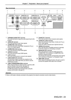 Page 23ENGLISH - 23
Attention
 fWhen a LAN cable is directly connected to the projector, the network connection must be made indoors.
Rear terminals
12
3
4
56 78
9 10
11
1213
1  terminal
This is the terminal to output the audio signal input to the 
projector.
2  terminal
This is the terminal to input video signals.
3  terminal
This is the terminal to input RGB, Component (YCBCR/
YPBPR) or S-video signals.
4  terminal
This is the terminal to input RGB signals.
5  terminal
This is the terminal to input HDMI...