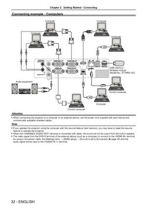 Page 3232 - ENGLISH
Connecting example : Computers
Audio equipmentComputer
Control computerComputerControl computer
Computer
Computer
Computer
USB memory /
Wireless module
(Model No.: ET-WML100)
Attention
 fWhen connecting the projector to a computer or an external device, use the power cord supplied with each device and 
commercially available shielded cables.
Note
 fIf you operate the projector using the computer with the resume feature (last memory), you may have to reset the resume 
feature to operate the...