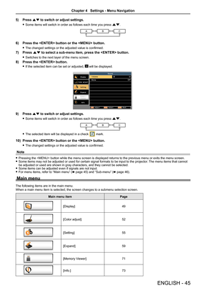 Page 45ENGLISH - 45
5) Press as to switch or adjust settings.
 fSome items will switch in order as follows each time you press as.
ABC
6) Press the  button or the  button.
 fThe changed settings or the adjusted value is confirmed. 
7) Press as to select a sub-menu item, press the  button.
 fSwitches to the next layer of the menu screen.
8) Press the  button.
 fIf the selected item can be set or adjusted,  will be displayed.
9) Press as to switch or adjust settings.
 fSome items will switch in order as follows...