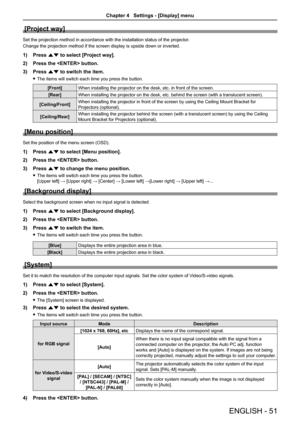 Page 51ENGLISH - 51
[Project way]
Set the projection method in accordance with the installation status of \
the projector.
Change the projection method if the screen display is upside down or inverted.
1) Press as to select [Project way]. 
2) Press the  button.
3) Press as to switch the item.
 fThe items will switch each time you press the button.
[Front]When installing the projector on the desk, etc. in front of the screen.
[Rear]When installing the projector on the desk, etc. behind the screen (with a...