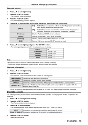 Page 69ENGLISH - 69
[Network setting]
1) Press as to select [Network].
2) Press the  button.
 fThe [Network] screen is displayed.
3) Press the  button.
 fThe [Network setting] screen is displayed.
4) Press as to select an item, and change the setting according to the instructions\
.
[DHCP] 
[On]:If a DHCP server exists in the network to which the projector is connected, 
the IP address will automatically be acquired.
[Off]:If a DHCP server does not exist in the network to which the projector is 
connected,...