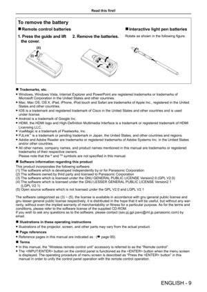 Page 9Read this first!
ENGLISH - 9
To remove the battery
 rRemote control batteries rInteractive light pen batteries
1.  Press  the  guide  and  lift 
the cover.
2. Remove the batteries.Rotate as shown in the following figure.
(ii)
(i)
(ii)
(i)
 rTrademarks, etc.
 fWindows, Windows Vista, Internet Explorer and PowerPoint are registered trademarks or trademarks of 
Microsoft Corporation in the United States and other countries.
 fMac, Mac OS, OS X, iPad, iPhone, iPod touch and Safari are trademarks of  Apple...