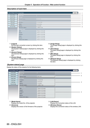Page 8686 - ENGLISH
Description of each item
1 [Logout]Exit the web connection screen by clicking this item.
2 [System Status]The [System Status] page is displayed by clicking this item.
3 [General Setup]The [General Setup] page is displayed by clicking this item.
4 [Picture Setup]The [Picture Setup] page is displayed by clicking this item.
5 [Image Setup]The [Image Setup] page is displayed by clicking this item.
6 [Alert Setup]The [Alert Setup] page is displayed by clicking this item.
7 [Mail Setup]The [Mail...