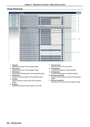 Page 8888 - ENGLISH
[Image Setup] page
1 [Aspect]Switches the aspect of the projected image.
2 [Fine sync]Adjusts the fine sync of the projected image.
3 [H Position]Adjusts the horizontal position of the projected image.
4 [V Position]Adjusts the vertical position of the projected image.
5 [H.Size]
Adjusts the total number of dots of the projected 
image.
6 [Freeze]Switches the freeze function between on and off.
7 [Auto PC adj.]Executes the Auto PC adj. function.
8 [V Keystone]Corrects the keystone in...