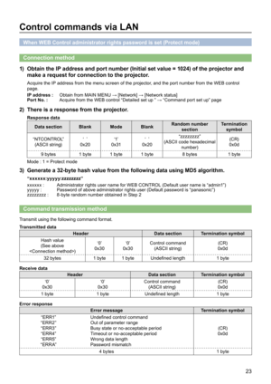 Page 2323
Control commands via LAN
When WEB Control administrator rights password is set (Protect mode)
Connection method
Obtain the IP address and port number (Initial set value = 1024) of the projector and 1) 
make a request for connection to the projector.
Acquire the IP address from the menu screen of the projector, and the port number from the WEB control 
page.
IP address :Obtain from MAIN MENU → [Network] → [Network status]
Port No. :Acquire from the WEB control “Detailed set up ” → “Command port set up”...