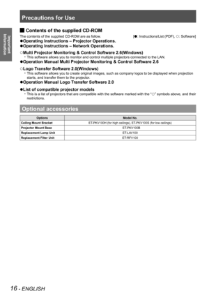 Page 16Precautions for Use
16 - ENGLISH
Important 
 
InformationContents of the supplied  JCD-ROM
The contents of the supplied CD-ROM are as follow. [: Instructions/List (PDF), : Software]
Operating Instructions – Projector Operations.
Operating Instructions – Network Operations.
 
Multi Projector Monitoring & Control Software 2.6(Windows)
This software allows you to monitor and control multiple projectors conn\
ected to the LAN.• 
 
Operation Manual Multi Projector Monitoring & Control Software 2.6
Logo...