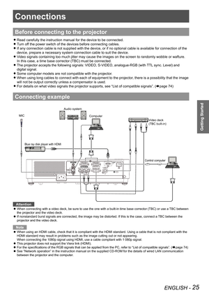 Page 25ENGLISH - 25
Getting Started
Connections
Before connecting to the projector
Read carefully the instruction manual for the device to be connected. z
Turn off the power switch of the devices before connecting cables. z
If any connection cable is not supplied with the device, or if no option\
al cable is available for connection of the  z
device, prepare a necessary system connection cable to suit the device.
Video signals containing too much jitter may cause the images on the scre\
en to randomly wobble or...