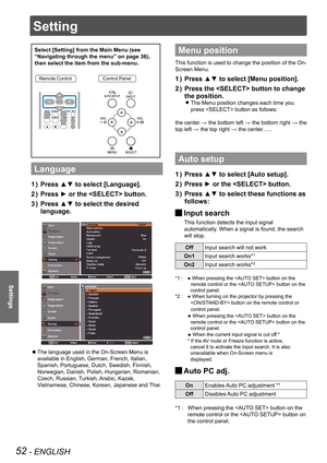 Page 52Setting
52 - ENGLISH
Settings
Select [Setting] from the Main Menu (see 
“Navigating through the menu” on page 36), 
then select the item from the sub-menu.
Remote ControlControl Panel
Language
Press ▲▼ to select [Language].1 ) 
Press ► or the  button.2 ) 
Press ▲▼ to select the desired 3 ) 
language.
The language used in the On-Screen Menu is  z
available in English, German, French, Italian, 
Spanish, Portuguese, Dutch, Swedish, Finnish, 
Norwegian, Danish, Polish, Hungarian, Romanian, 
Czech, Russian,...