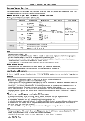 Page 110Memory Viewer function
The Memory Viewer function makes it is possible to project the video and pictures which are stored in the USB 
memory when the USB memory is inserted into the projector.
 rWhat you can project with the Memory Viewer function
Memory Viewer function supports the following files.
Video
ExtensionVideo codecAudio codecVideo formatAudio format
movH.264/AVC
MotionJpeg
AAC
AC-3
Linear PCM
Maximum:
1 920 x 1 080/30 fps 
Maximum:
48 kHz 2 ch
(It is up to 16 kHz 
stereo when the codec 
is...