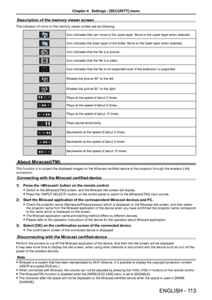 Page 113Description of the memory viewer screen
The indication of icons on the memory viewer screen are as following:
 
 
 
  
 
 
 
 
 
 
Icon indicates that can move to the upper layer. Move to the upper layer when selected.
 
 
 
  
 
 
 
 
 
 Icon indicates the lower layer of the folder. Move to the lower layer when selected.
 
 
 
 
 
 
 
 
 
 
 
 
 
Icon indicates that the file is a picture.
 
 
 
 
 
 
 
 
 
 
 
 
 
Icon indicates that the file is a video.
 
 
 
 
 
 
 
 
 
    
Icon indicates that the...