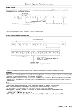 Page 127Basic format
Transmission from the computer starts with STX, then the ID, command, parameter, and ETX are sent in this order. Add 
parameters according to the details of control.
STXAD I1I2 ;C1C2 C3 : P1 P2Pn ETX
* When sending commands without parameters, a colon (:) is not necessary .
Basic format (with sub command)
S1S2S3S4S5 EP1P2P3P4P5P6
STX AD I1I2 ;C1C2C3 :  ETX
Same as basic format
Sub command (5 bytes) Operation (1 byte)
“=” (Value specified using parameter is set)Parameter (6 bytes)*
Symbol “+”...