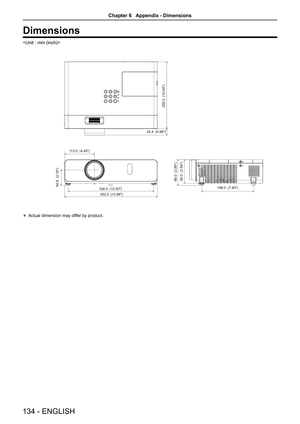 Page 134Dimensions

113.0  (4.45)
255.0  (10.04)
352.0  (13.86)24.4  (0.96)
98.0  (3.86)
90.0  (3.54)
326.0  (12.83) 198.0  (7.80)54.8  (2.16)
 Actual dimension may differ by product.
134 - ENGLISH
Chapter 6   Appendix - Dimensions  