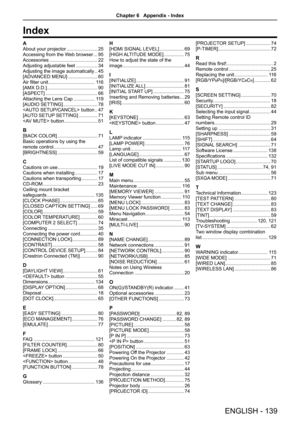 Page 139A
About your projector .......................25
Accessing from the Web browser ...95
Accessories ....................................22
Adjusting adjustable feet ................34
Adjusting the image automatically ..45
[ADVANCED MENU] ......................60
Air filter unit...................................11 6
[AMX D.D.] 
......................................90
[ASPECT]  .......................................66
Attaching the Lens Cap ................11 9
[AUDIO SETTING]...