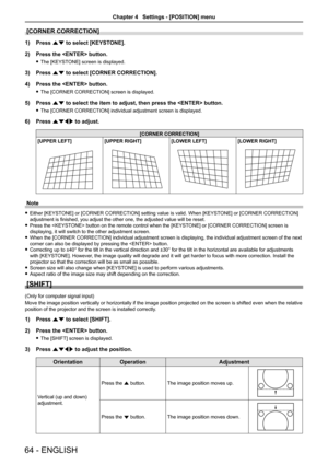 Page 64[CORNER CORRECTION]
1) Press as to select [KEYSTONE].
2) Press the  button.
 fThe [KEYSTONE] screen is displayed.
3) Press as to select [CORNER CORRECTION].
4) Press the  button.
 fThe [CORNER CORRECTION] screen is displayed.
5) Press as to select the item to adjust, then press the  button.
 fThe [CORNER CORRECTION] individual adjustment screen is displayed.
6) Press asqw to adjust.
[CORNER CORRECTION]
[UPPER LEFT][UPPER RIGHT][LOWER LEFT][LOWER RIGHT]
Note
 fEither [KEYSTONE] or [CORNER CORRECTION]...