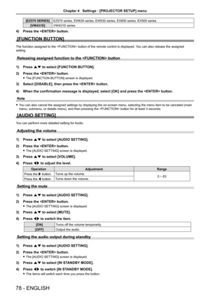 Page 78[EZ570 SERIES]EZ570 series, EW630 series, EW530 series, EX600 series, EX500 series
[VW431D]VW431D series
4) Press the  button.
[FUNCTION BUTTON]
The function assigned to the  button of the remote control is displayed. You can also release the assigned 
setting.
Releasing assigned function to the  button
1) Press as to select [FUNCTION BUTTON].
2) Press the  button.
 fThe [FUNCTION BUTTON] screen is displayed.
3) Select [DISABLE], then press the  button.
4) When the confirmation message is displayed,...