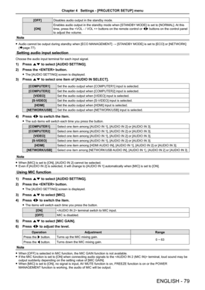 Page 79[OFF]Disables audio output in the standby mode.
[ON]
Enables audio output in the standby mode when [STANDBY MODE] is set to [NORMAL]. At this 
time, press the  buttons on the remote control or qw buttons on the control panel 
to adjust the volume.
Note
 fAudio cannot be output during standby when [ECO MANAGEMENT] → [STANDBY MODE] is set to [ECO] or [NETWORK] 
(Æpage 77).
Setting audio input selection
Choose the audio input terminal for each input signal.
1) Press as to select [AUDIO SETTING].
2) Press...