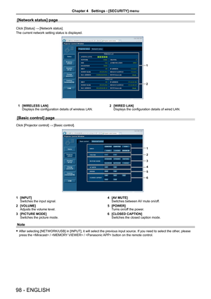 Page 98[Network status] page
Click [Status] → [Network status].
The current network setting status is displayed.
2
1
1 [WIRELESS LAN]Displays the configuration details of wireless LAN.2 [WIRED LAN]Displays the configuration details of wired LAN.
[Basic control] page 
Click [Projector control] → [Basic control].
1
2
5
6 3
4
1 [INPUT]Switches the input signal.
2 [VOLUME]Adjusts the volume level.
3 [PICTURE MODE]Switches the picture mode.
4 [AV MUTE]Switches between AV mute on/off.
5 [POWER]Turns on/off the...