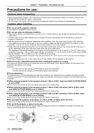 Page 14Precautions for use
Cautions when transporting
 fWhen transporting the projector, hold it securely by its bottom and avoid excessive vibration and impacts. Doing so may 
damage the internal parts and result in malfunctions.
 fDo not transport the projector with the adjustable feet extended. Doing so may damage the adjustable feet.
Cautions when installing
 rDo not set up the projector outdoors.
 fThe projector is designed for indoor use only. 
 rDo not use under the following conditions.
 fPlaces where...