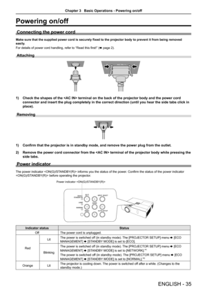 Page 35Powering on/off
Connecting the power cord
Make sure that the supplied power cord is securely fixed to the projector body to prevent it from being removed 
easily.
For details of power cord handling, refer to “Read this first!” (x page 2).
Attaching 
1) Check the shapes of the  terminal on the back of the projector bo\
dy and the power cord 
connector and insert the plug completely in the correct direction (unti\
l you hear the side tabs click in 
place).
Removing
1) Confirm that the projector is in...