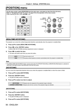 Page 56[POSITION] menu
On the menu screen, select [POSITION] from the main menu, and select an \
item from the sub-menu.Refer to "Navigating through the menu" (x page 47) for the operation of the menu screen.
 fAfter selecting the item, press asqw to set.
[REALTIME KEYSTONE]
The projector can correct the vertical trapezoidal distortion automatically when the projector is installed tilted.
1) Press as to select [REALTIME KEYSTONE].
2) Press qw or the  button.
 f[REALTIME KEYSTONE] individual adjustment...
