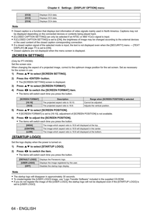 Page 64[CC2]Displays CC2 data.
[CC3]Displays CC3 data.
[CC4]Displays CC4 data.
Note
 fClosed caption is a function that displays text information of video signals mainly used in North America. Captions may not 
be displayed depending on the connected devices or contents being played\
 back.
 f[CLOSED CAPTION SETTING] can only be selected if an NTSC or 480i YCBCR signal is input.
 fIf [CLOSED CAPTION SETTING] is set to [ON], the brightness of image may be changed according to the external devices 
or the used...