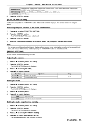 Page 73[VX500 SERIES]VW435N series, VW440 series, VW430 series, VX505N series, VX510 series, VX500 series, VW330 series, VX400NT series, VX400 series, VX41 series  
[EZ570 SERIES]EZ570 series, EW630 series, EW530 series, EX600 series,  EX500 series
[VW431D]VW431D series
4) Press the  button.
[FUNCTION BUTTON]
The function assigned to the  button of the remote control is displayed. You can also release the assigned 
setting.
Releasing assigned function to the  button
1) Press as to select [FUNCTION BUTTON].
2)...