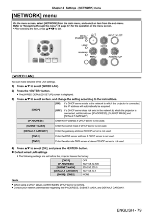 Page 79[NETWORK] menu
On the menu screen, select [NETWORK] from the main menu, and select an i\
tem from the sub-menu.Refer to "Navigating through the menu" (x page 47) for the operation of the menu screen.
 fAfter selecting the item, press asqw to set.
[WIRED LAN]
You can make detailed wired LAN settings.
1) Press as to select [WIRED LAN].
2) Press the  button.
 fThe [WIRED DETAILED SETUP] screen is displayed.
3) Press as to select an item, and change the setting according to the instructions\
.
[DHCP]...