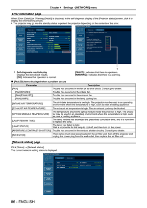 Page 86Error information page 
When [Error (Detail)] or [Warning (Detail)] is displayed in the self-diagnosis display of the [Projector status] screen, click it to display the error/warning details.
 fThe projector may go into the standby status to protect the projector de\
pending on the contents of the error.
1 Self-diagnosis result displayDisplays the item check results.[OK]: Indicates that operation is normal.
[FAILED]: Indicates that there is a problem.[WARNING]: Indicates that there is a warning....