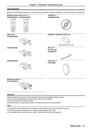Page 17Accessories
Make sure the following accessories are provided with your projector. Numbers enclosed < > show the number of accessories.
Wireless remote control unit 
(N2QAYA000071)   (N2QAYA000070)CD-ROM 
(TXFQB02WYKZ)
Power cord
(TXFSX02UXRZ)AAA/R03 or AAA/LR03 battery 
(TXFSX02UYAZ)String 
(for lens cap)
(6103504711)
(TXFSX02UFEZ)Lens cap 
(TKKL5568)
RGB signal cable 
(K1HY15YY0012)
Attention
 
f After unpacking the projector, discard the power cord cap and packaging material properly.
 
f Do not use...