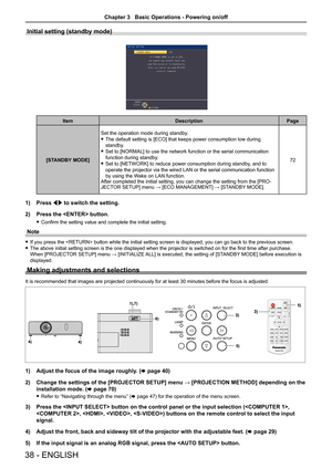 Page 38Initial setting (standby mode)
ItemDescriptionPage
[STANDBY MODE]  Set the operation mode during standby. 
 
f  
The default setting is [ECO] that keeps power consumption low during 
standby.
 
f   Set to [NORMAL] to use the network function or the serial communication 
function during standby. 
 
f   Set to [NETWORK] to reduce power consumption during standby, and to 
operate the projector via the wired LAN or the serial communication func\
tion 
by using the Wake on LAN function.
After completed the...