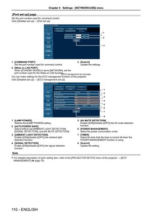 Page 110[Port set up] page
Set the port number used for command control.
Click [Detailed set up] → [Port set up].
3
1
2
1 [COMMAND PORT]Set the port number used for command control.
2 [Wake on LAN PORT]When [STANDBY MODE] is set to [NETWORK], set the port number used for the Wake on LAN function.
3 [Submit]Update the settings.
[ECO management set up] pageYou can make settings for the ECO management function of the projector.
Click [Detailed set up] → [ECO management set up].
1
2
3
4
5
6
78
1 [LAMP POWER]Selects...