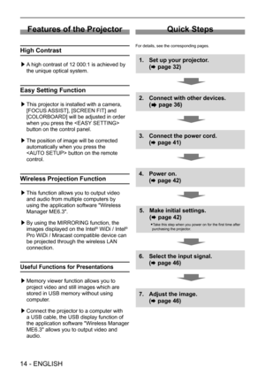 Page 14Features of the Projector
High Contrast
 ▶A high contrast of 12 000:1 is achieved by 
the unique optical system.
Easy Setting Function
 ▶This projector is installed with a camera, 
[FOCUS ASSIST], [SCREEN FIT] and 
[COLORBOARD] will be adjusted in order 
when you press the  
button on the control panel.
 ▶The position of image will be corrected 
automatically when you press the  
 button on the remote 
control.
Wireless Projection Function
 ▶This function allows you to output video 
and audio from...