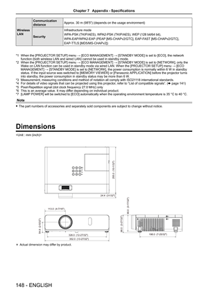 Page 148Dimensions

113.0  (4-7/16)
255.0  (10-1/32)
352.0  (13-27/32)24.4  (31/32)
98.0  (3-27/32)
90.0  (3-17/32)
326.0  (12-27/32) 198.0  (7-25/32)54.8  (2-5/32)
 Actual dimension may differ by product.
Wireless 
LAN
Communication 
distanceApprox. 30 m (98'5") (depends on the usage environment)
Security  
Infrastructure mode
WPA-PSK (TKIP/AES), WPA2-PSK (TKIP/AES), WEP (128 bit/64 bit), 
WPA-EAP/WPA2-EAP (PEAP [MS-CHAPv2/GTC], EAP-FAST [MS-CHAPv2/GTC], 
EAP-TTLS [MD5/MS-CHAPv2])
*1 When the...