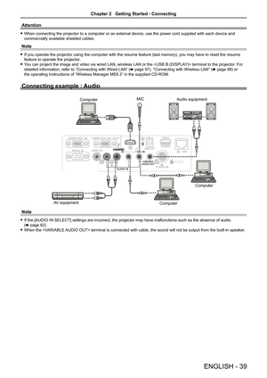 Page 39Attention
 fWhen connecting the projector to a computer or an external device, use the power cord supplied with each device and 
commercially available shielded cables.
Note
 fIf you operate the projector using the computer with the resume feature (last memory), you may have to reset the resume 
feature to operate the projector.
 fYou can project the image and video via wired LAN, wireless LAN or the  terminal to the projector. For 
detailed information, refer to “Connecting with Wired LAN” (x page 97),...