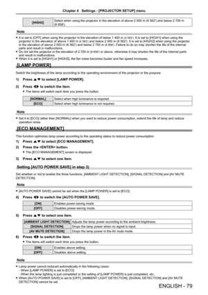 Page 79[HIGH2]Select when using the projector in the elevation of above 2 000 m (6 562′) and below 2 700 m  
(8 858′).
Note
 fIt is set to [OFF] when using the projector in the elevation of below 1 400 m (4 593′). It is set to [HIGH1] when using the projector in the elevation of above 1 400 m (4 593′) and below 2 000 m (6 562′). It is set to [HIGH2] when using the projector in the elevation of above 2 000 m (6 562′) and below 2 700 m (8 858′). Failure to do so may shorten the life of the internal parts and...