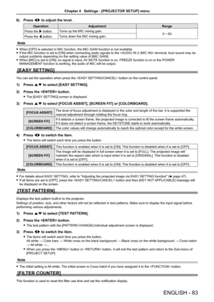 Page 836) Press qw to adjust the level.
OperationAdjustmentRange
Press the w button.Turns up the MIC mixing gain.0 ~ 63Press the q button.Turns down the MIC mixing gain.
Note
 fWhen [OFF] is selected in MIC function, the MIC GAIN function is not available. fIf the MIC function is set to [ON] when connecting audio signals to the  terminal, loud sound may be output suddenly depending on the setting value of [MIC GAIN].  fWhen [MIC] is set to [ON], no signal is input, AV MUTE function is on, FREEZE function is on...