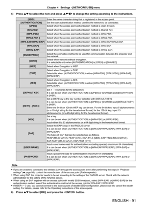 Page 915) Press as to select the item and press asqw to change the setting according to the instructions.
[SSID] Enter the same character string that is registered in the access point.
[AUTHENTICATION]Set the user authentication method used by the network to be connected.
[OPEN]Select when the access point authentication method is Open System.
[SHARED]Select when the access point authentication method is Shared Key.
[WPA-PSK ]Select when the access point authentication method is WPA-PSK.
[WPA2-PSK ]Select when...