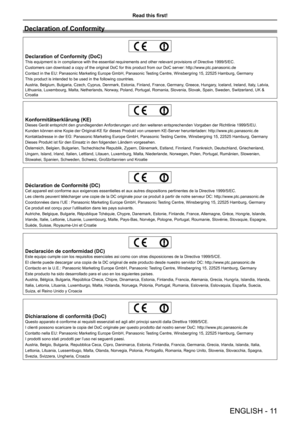 Page 11Read this first!
Declaration of Conformity
Declaration of Conformity (DoC)This equipment is in compliance with the essential requirements and other relevant provisions of Directive 1999/5/EC.
Customers can download a copy of the original DoC for this product from our DoC server: http://www.ptc.panasonic.de
Contact in the EU: Panasonic Marketing Europe GmbH, Panasonic Testing Centre, Winsbergring 15, 22525 Hamburg, Germany
This product is intended to be used in the following countries.
Austria, Belgium,...