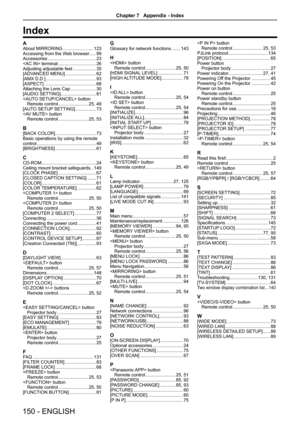 Page 150Index
AAbout MIRRORING ........................123
Accessing from the Web browser  ..... 99
Accessories  ...................................... 23
 terminal .............................. 26
Adjusting adjustable feet  ..................35
[ADVANCED MENU] ........................ 62
[AMX D.D.]  
........................................ 93
[ASPECT]  ......................................... 68
Attaching the Lens Cap  ....................30
[AUDIO SETTING]  ............................81
 button Remote...