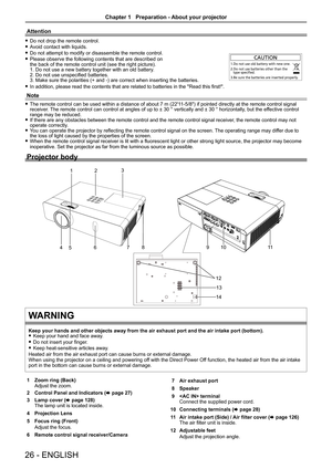 Page 26Attention
 
f Do not drop the remote control.
 
f Avoid contact with liquids.
 
f Do not attempt to modify or disassemble the remote control.
 
f Please observe the following contents that are described on   
the back of the remote control unit (see the right picture).  
1. Do not use a new battery together with an old battery. 
2. Do not use unspecified batteries.  
3. Make sure the polarities (+ and -) are correct when inserting the batteries.
 
f In addition, please read the contents that are related...