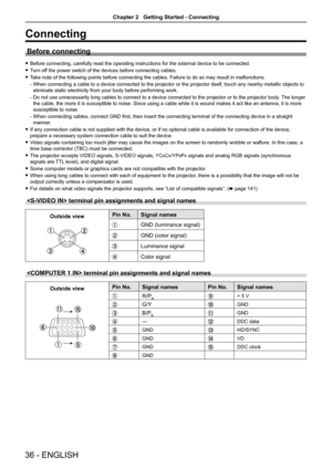 Page 36Connecting
Before connecting
 
f Before connecting, carefully read the operating instructions for the external device to be connected.
 
f Turn off the power switch of the devices before connecting cables.
 
f Take note of the following points before connecting the cables. Failure to do so may result in malfunctions.
-  When connecting a cable to a device connected to the projector or the projector itself, touch any nearby metallic objects to 
eliminate static electricity from your body before performing...