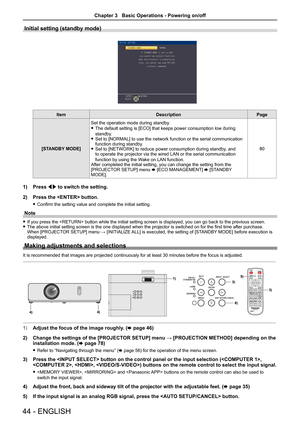 Page 44Initial setting (standby mode)
ItemDescription Page
[STANDBY MODE] Set the operation mode during standby. 
 
f The default setting is [ECO] that keeps power consumption low during 
standby. 
 
f Set to [NORMAL] to use the network function or the serial communication 
function during standby. 
 
f Set to [NETWORK] to reduce power consumption during standby, and 
to operate the projector via the wired LAN or the serial communication 
function by using the Wake on LAN function.
After completed the initial...