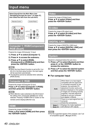 Page 4040 - ENGLISH
Settings
Input menu
Select [Input] from the Main Menu (see 
“Navigating through the menu” on page 37), 
then select the item from the sub-menu.
Remote ControlControl Panel
Computer 1: RGB/Component 
/RGB (Scart) 
Projects the image of [Computer 1] input.
Press ▲▼ to select [Computer 1]. 1 ) 
Press ► to access the submenu.2 ) 
Press ▲▼ to select [RGB], 3 ) 
[Component] or [RGB(Scart)] and then 
press the  button.
Note
When the Input Search function is set to [On 1] or   z
[On 2] in the Auto...