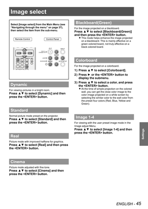 Page 45ENGLISH - 45
Settings
Image select 
Select [Image select] from the Main Menu (see 
“Navigating through the menu” on page 37), 
then select the item from the sub-menu.
Remote ControlControl Panel
Dynamic
For viewing pictures in a bright room.
Press ▲▼ to select [Dynamic] and then 
press the  button.
Standard
Normal picture mode preset on the projector.
Press ▲▼ to select [Standard] and then 
press the  button.
Real
Picture mode with improved halftone for graphics. 
Press ▲▼ to select [Real] and then press...