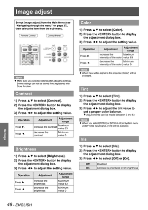 Page 46Image adjust
46 - ENGLISH
Settings
Select [Image adjust] from the Main Menu (see 
“Navigating through the menu” on page 37), 
then select the item from the sub-menu.
Remote ControlControl Panel
Note
Make sure you selected [Store] after adjusting settings.  z
Some settings can not be stored if not registered with 
Store function.
Contrast
Press ▲▼ to select [Contrast].1 ) 
Press the  button to display 2 ) 
the adjustment dialog box.
Press ◄► to adjust the setting value.3 ) 
OperationAdjustmentAdjustment...