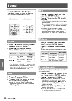 Page 52Sound
52 - ENGLISH
Settings
Sound
Select [Sound] from the Main Menu (see 
“Navigating through the menu” on page 37), 
then select the item from the sub-menu.
Remote ControlControl Panel
Volume
Press ▲▼ to select [Volume] and then 1 ) 
press the  button.
Press ◄► to adjust the volume.2 ) 
Press  button to set the volume. z
OperationAdjustmentAdjustment 
range
Press ►.turn up the 
volume
Maximum 
value 63
Press ◄.turn down the 
volume
Minimum 
value 0
You can press  buttons on the  z
remote control to...