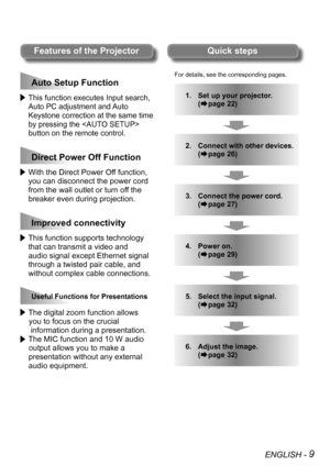 Page 9ENGLISH - 9
 This function executes Input search, 
Auto PC adjustment and Auto 
Keystone correction at the same time 
by pressing the  
button on the remote control.
 With the Direct Power Off function, 
you can disconnect the power cord 
from the wall outlet or turn off the 
breaker even during projection.
 This function supports technology 
that can transmit a video and 
audio signal except Ethernet signal 
through a twisted pair cable, and 
without complex cable connections.
 The digital zoom function...