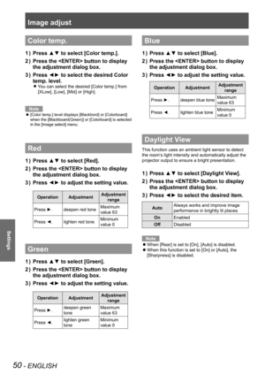 Page 50Image adjust
50 - ENGLISH
Settings
Color temp.
Press ▲▼ to select [Color temp.].
1  ) 
Press the  button to display 
2  ) 
the adjustment dialog box.
Press ◄► to select the desired Color 
3  ) 
temp. level.
You can select the desired [Color temp.] from  
z
[XLow], [Low], [Mid] or [High].
Note
[Color temp.] level displays [Blackbord] or [Colorboard] 
 
z
when the [Blackboard(Green)] or [Colorboard] is selected 
in the [Image select] menu.
Red 
Press ▲▼ to select [Red].
1  ) 
Press the  button  to display...